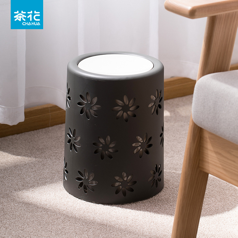 茶花双层垃圾桶 艾利格10L滚筒翻盖办公室纸篓 印花可套袋垃圾桶