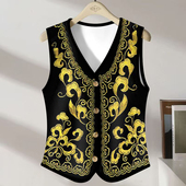 显瘦坎肩气质开衫 洋气纽扣外套夏季 外穿马夹修身 印花无袖 马甲 薄款