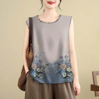 中老年妈妈装夏季新款无袖背心女宽松大码印花上衣遮肚显瘦打底衫