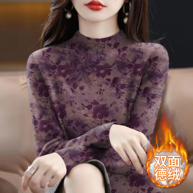 德绒保暖印花T恤女秋冬新款气质妈妈装宽松大码半高领套头打底衫