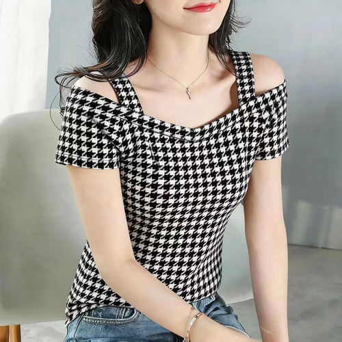 2026夏季V领短袖千鸟格T恤衫印花韩版百搭宽松显瘦露肩上衣女大码