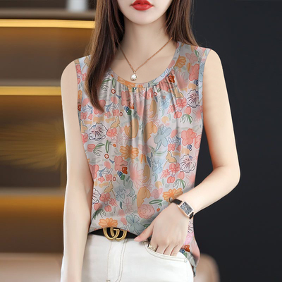 2025高档褶皱女背心夏季无袖打底衫新款内搭外穿印花遮肚吊带女潮