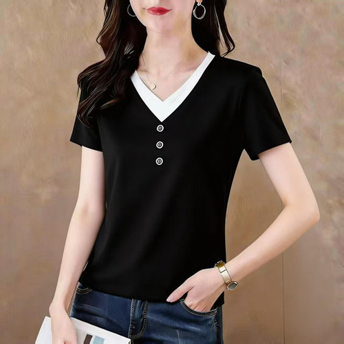 假两件减龄妈妈薄款V领短袖t恤女2026夏季新款气质爆款内搭打底衫