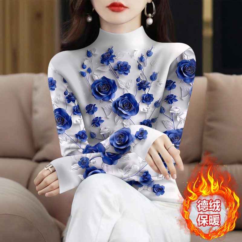 德绒保暖印花T恤女秋冬新款气质妈妈装宽松大码半高领套头打底衫