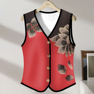 外穿马夹修身 洋气纽扣外套夏季 薄款 印花无袖 马甲 显瘦坎肩气质开衫