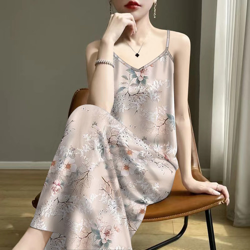 外穿印花百搭显瘦夏季高档女吊带2025内搭V领无袖宽松连衣裙遮肚