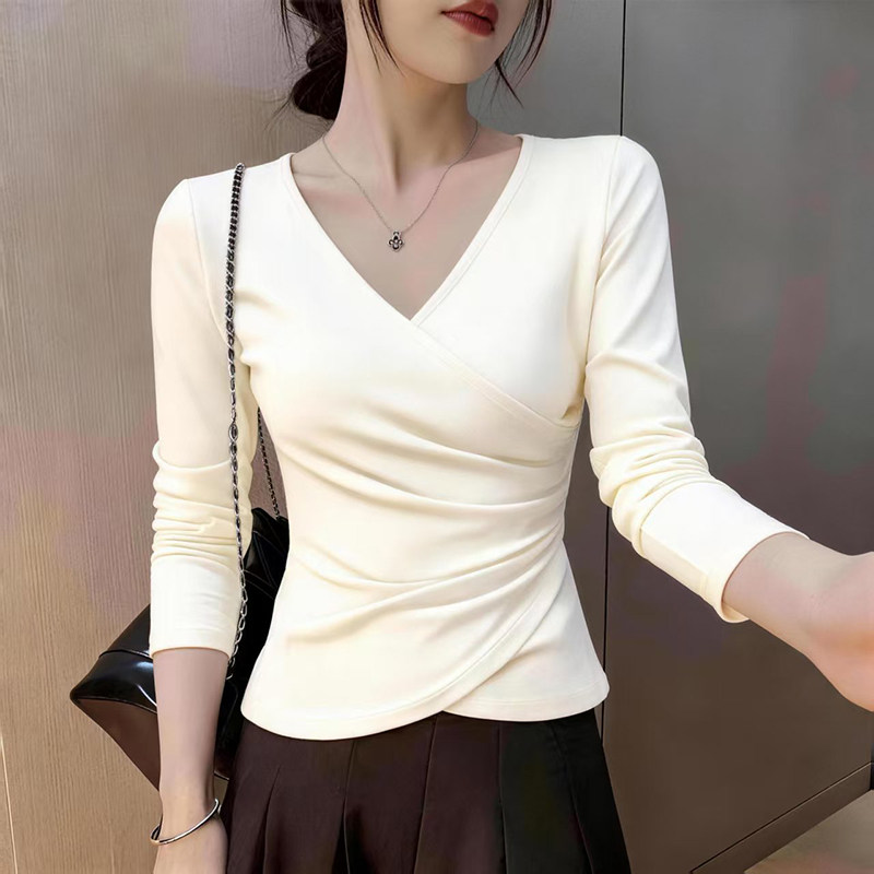 纯色t恤女长袖2026秋季新款内搭打底衫交叉v领不规则修身显瘦上衣