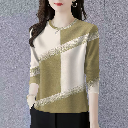 捡漏新品长袖2025印花减龄圆领春秋妈妈t恤遮肚显瘦百搭打底衫女