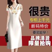 复古中年民族风蕾丝女装 连衣裙 中长裙洋气印花v领修身 夏季 新款