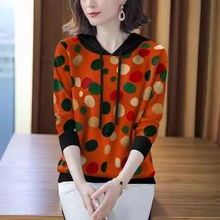 德绒新款春秋长袖卫衣妈妈连帽新款时尚百搭女复古印花上衣套头潮