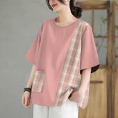 百搭宽松显瘦上衣女大码 2025夏季 印花韩版 时尚 圆领短袖 口袋t恤衫