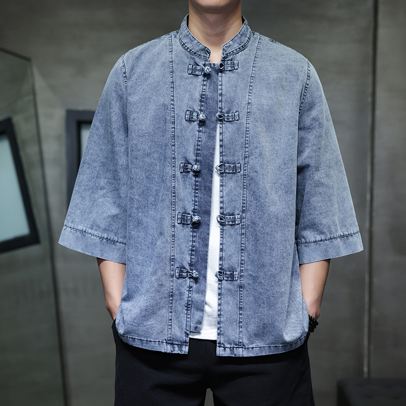 新中式复古盘扣牛仔唐装衬衫国风宽松大码中山装七分袖茶服男上衣