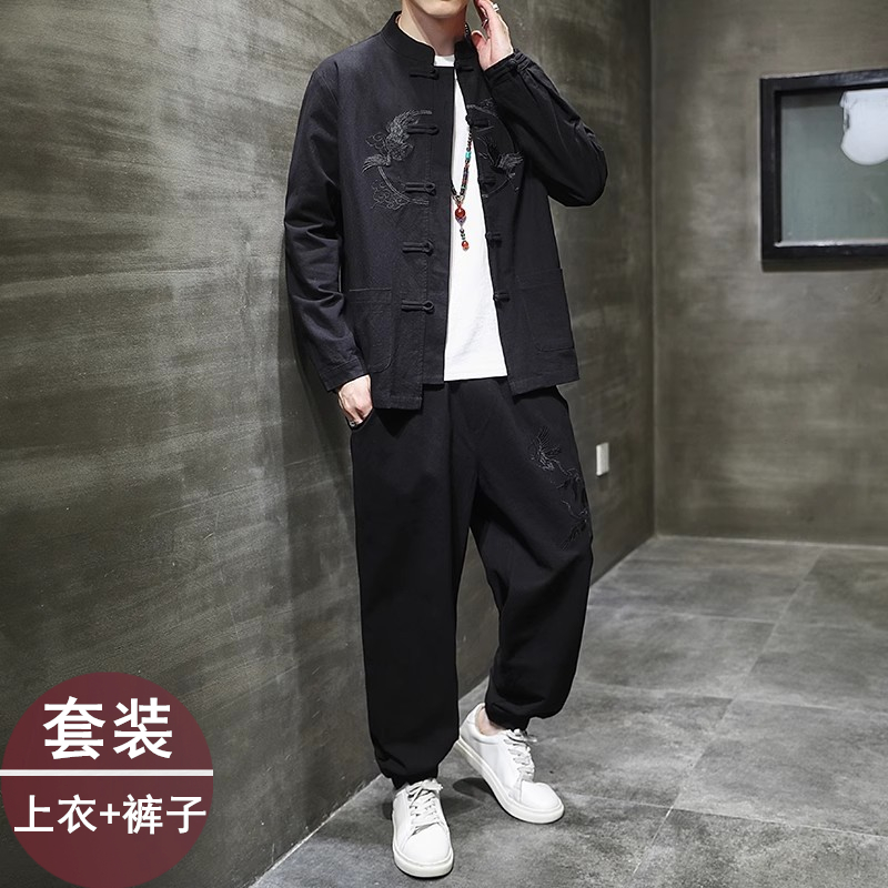仙风道骨男装春秋季中国风改良棉麻套装道士服装居士道服唐装茶服