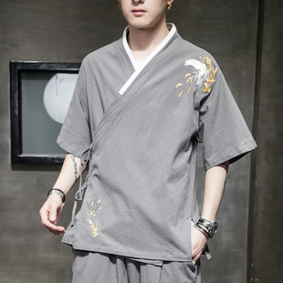 中国风睡衣男大码古风明制汉服中式交领系带古装斜襟道服交襟道袍