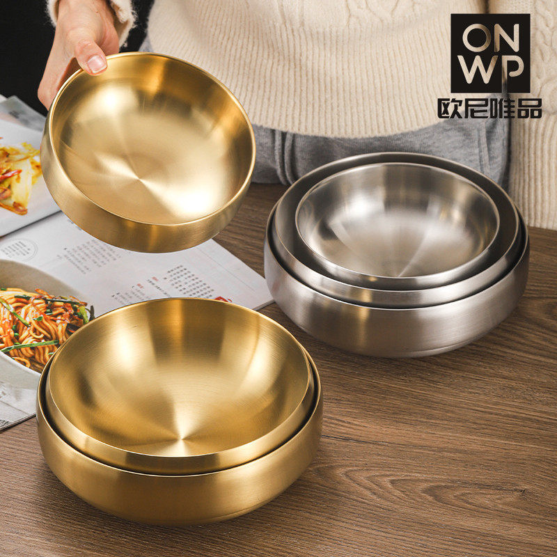 304韩式不锈钢碗巨爱吃周嘉伟同款拌饭金色冷面碗螺狮粉汤碗防烫,餐饮具,碗,淘宝优惠券,粉丝福利购,淘宝优惠卷