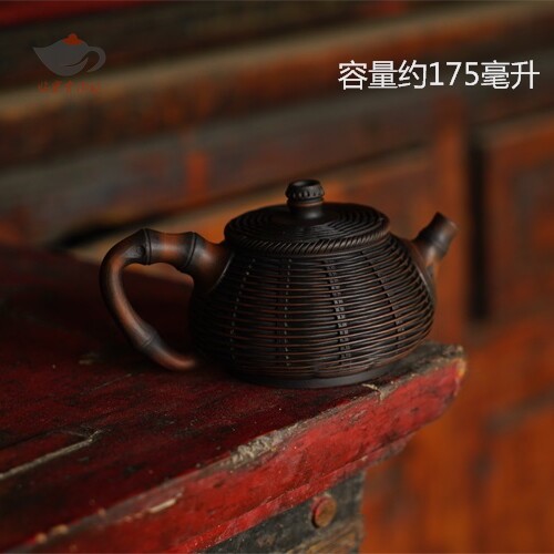 云南建水原矿泥料紫陶黄煊全手工制茶壶精高档致仿竹编雕刻石瓢壶