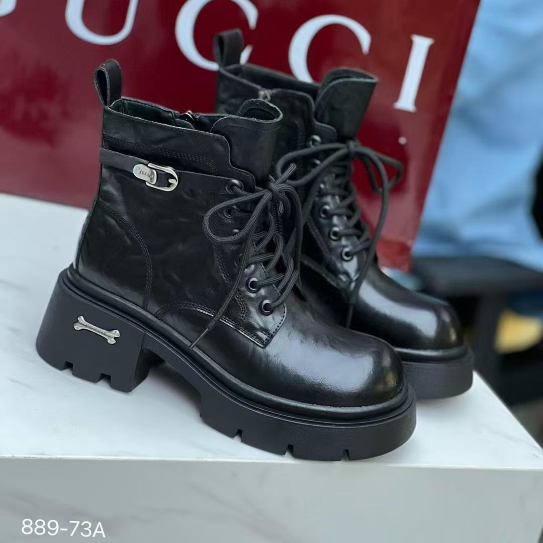 品牌正品2024冬女靴保暖加绒真皮马丁靴中跟加棉短靴短筒靴889-73