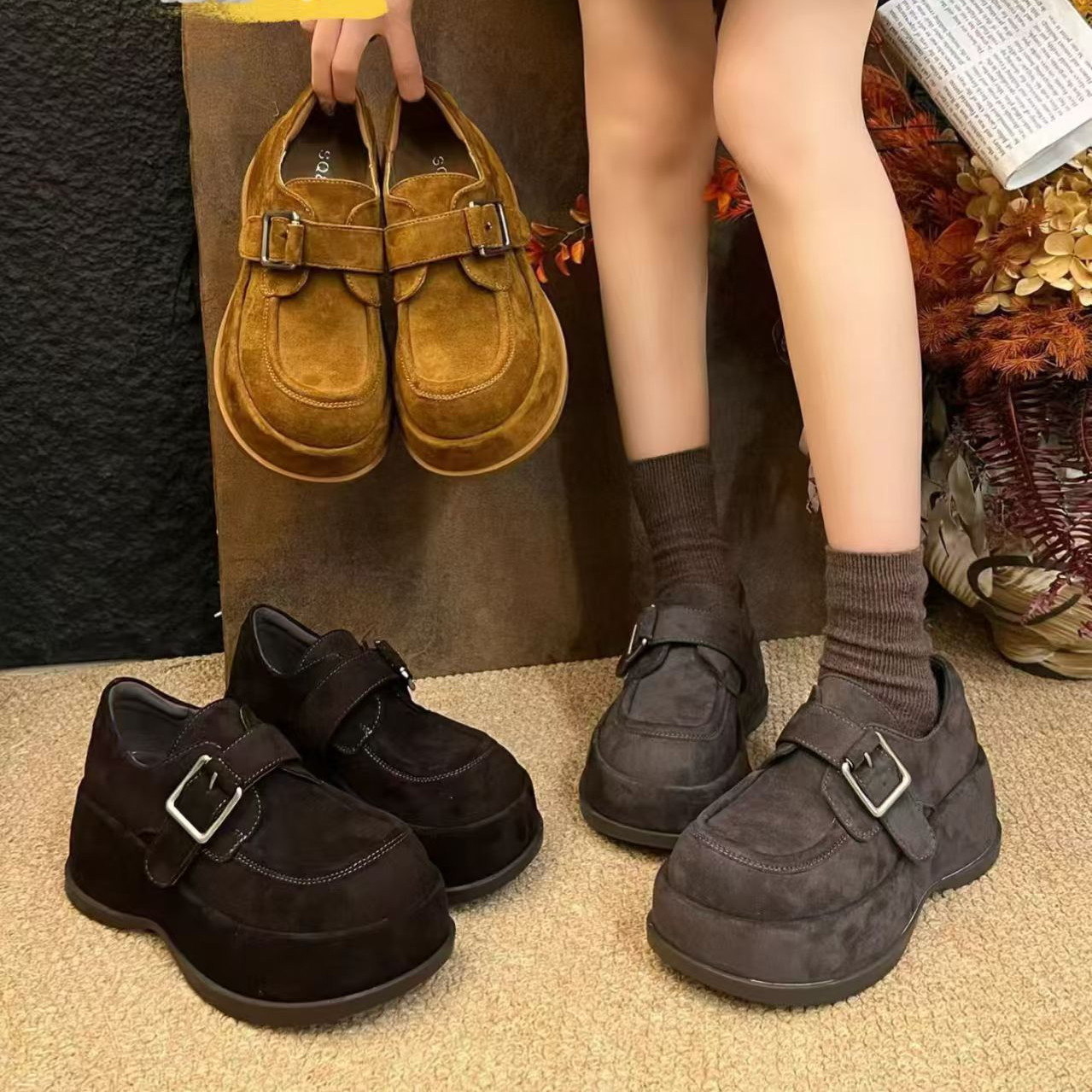 品牌秋鞋女5CM厚底磨砂真皮休闲勃肯鞋高跟绒面小单鞋脚蹬踩拖鞋