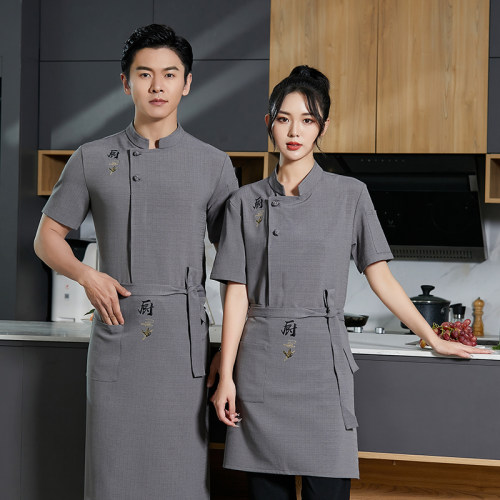 高档中国风酒店厨师工作服男短袖厨房夏季餐饮后厨亚麻厨师服定制