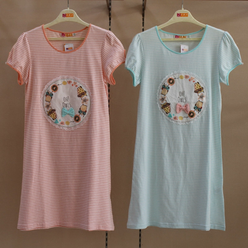 汝斯芬睡衣夏季女士睡裙针织纯棉休闲条纹可爱短袖睡裙家居服