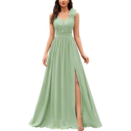 Womens Mint Green Sequin Chiffon V Neck Maxi Dress High Slit