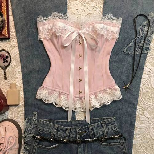 Underwear Vest Pink Lace Patchwork Strapless Top Bow Tie for