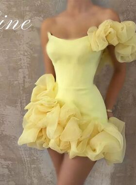 Oine Yellow  Prom Gown 3D Elegant Flowers Bodycon Short Part