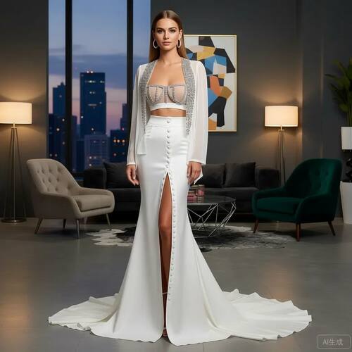 White Satin High?Waist Mermaid Skirt with Front Button Detai