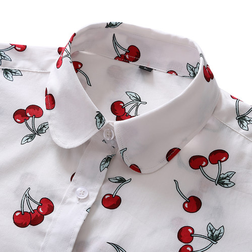 Women Shirts Long Sleeve Cotton Blouse Fashion Print Cherry