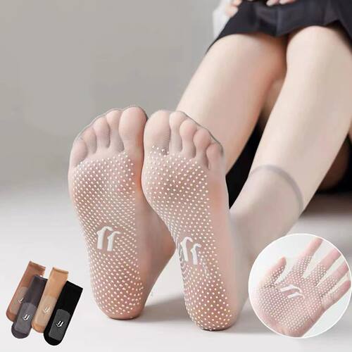 1 Pair Women's Thin Socks Summer New Black Solid Color Silic