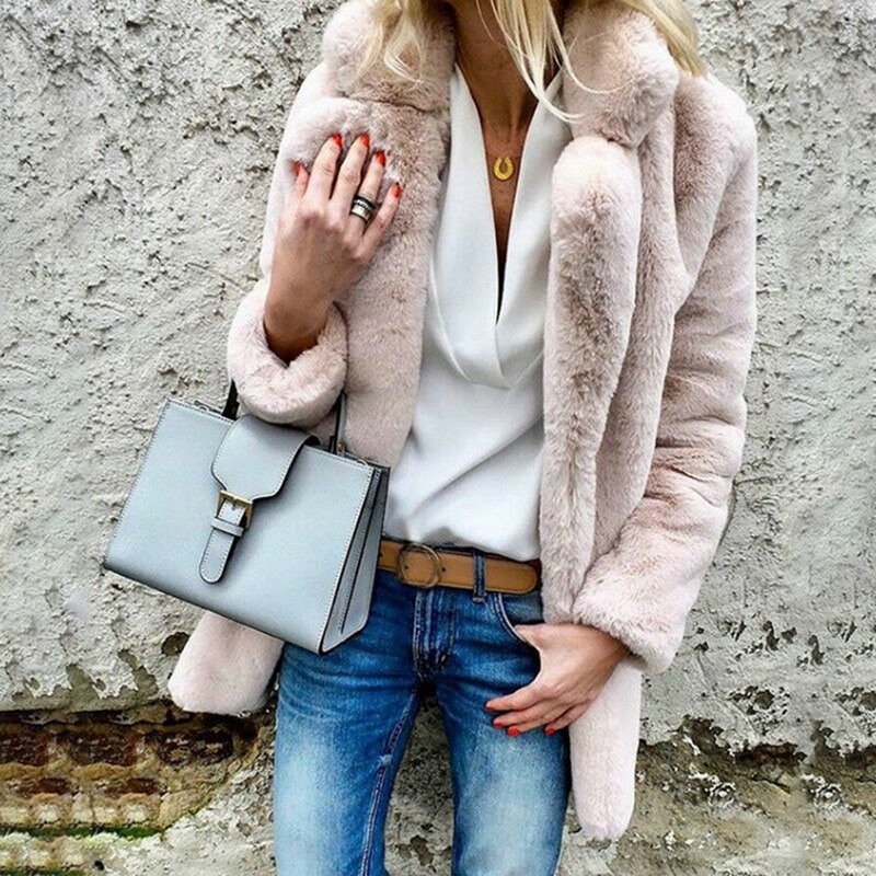 Solid color long-sleeved lapel women's fluffy coat coat