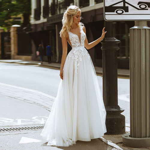 Eightale Boho Wedding Dresses V-Neck Appliques Lace A-Line T