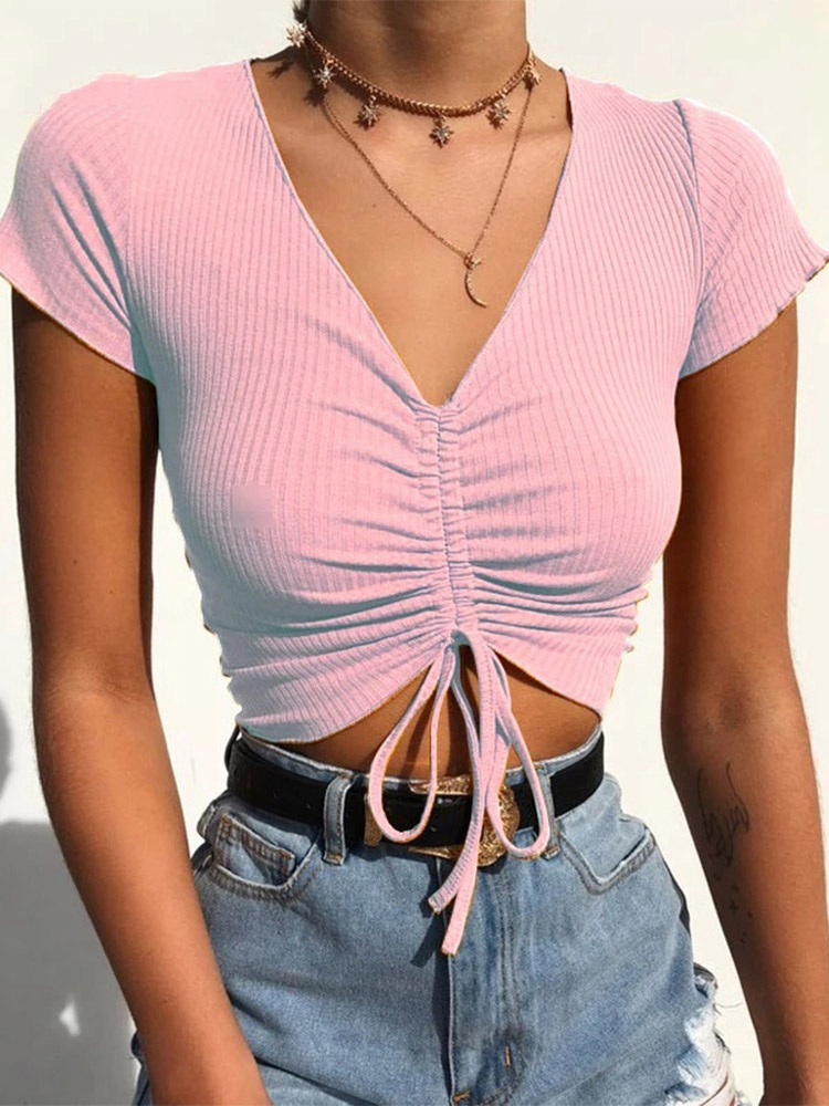 Sexy V Neck Cropped Tank Tops Women Drawstring Tie Up Front