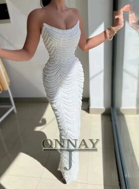 Customized ndy Pearls Prom Dresses Beadings Sequins Straples