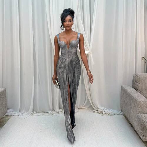 Customized Metallic Spaghetti Strap Evening Dress Front Spli