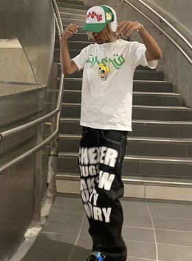 2024 High Quality Letter Print  Black Pants Gothy Y2k Loose