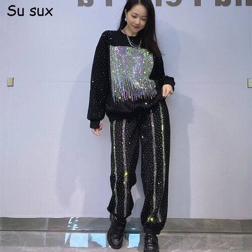 Sequins Hooded Long Sleeved Sweatshirt 2 Piece Pant Sets Wom