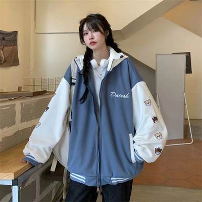 Blue Print Casual Loose Jacket Baseball Jacket Hooded Women'