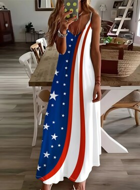 Women Long Sleeve Casual Dress with American Flag Stars Patt