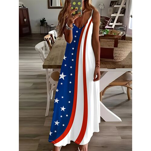 Women Long Sleeve Casual Dress with American Flag Stars Patt