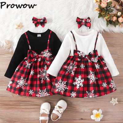 Prowow 2-6Y Kids Christmas Dress For Girls Snowflake Faux-tw