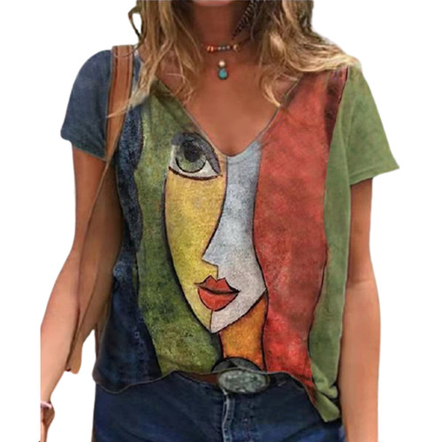 V Neck Tshirt Women's Summer Casual Oversize Print Shirt Top