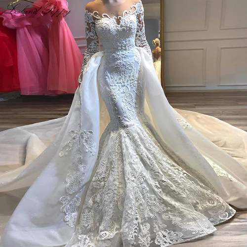 Luxury Appliques Mermaid Wedding Dresses Scoop Neck Long Sle