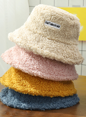 Unisex Lamb Wool Faux Fur Bucket Hat Winter Warm Teddy Velve