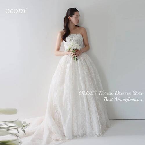 OLOEY Luxury Full Lace Appliques Korean Wedding Dress Strapl