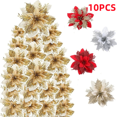 10PCS Christmas Flowers Xmas Christmas Tree Decorations Glit