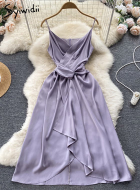 Syiwidii Satin Dresses Women New V-Neck Camisole Criss Cross