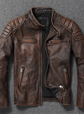 Vintage Yellow Brown Real Cowhide Genuine Leather Jacket Men