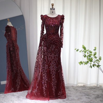 Luxury Dubai Burgundy Mermaid Muslim Evening Dress with Over