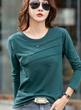 TuangBiang 2022 Autumn Ribbed Button O-Neck Bamboo Cotton T-